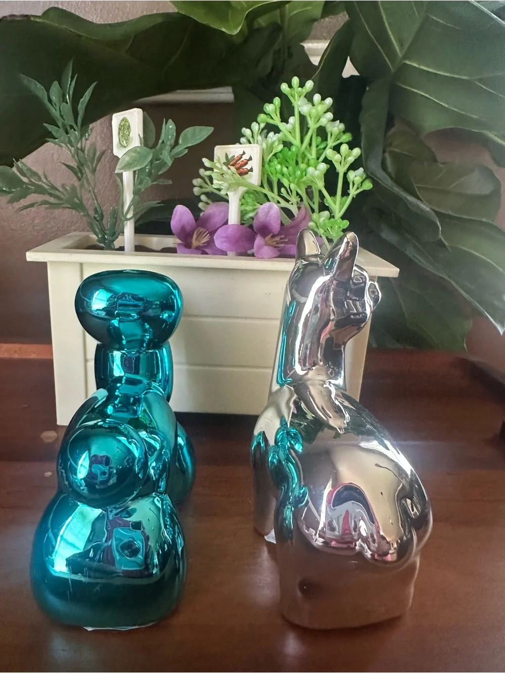Decorative Metallic Balloon Dog and Llama Figurine Set - Blue & Silver